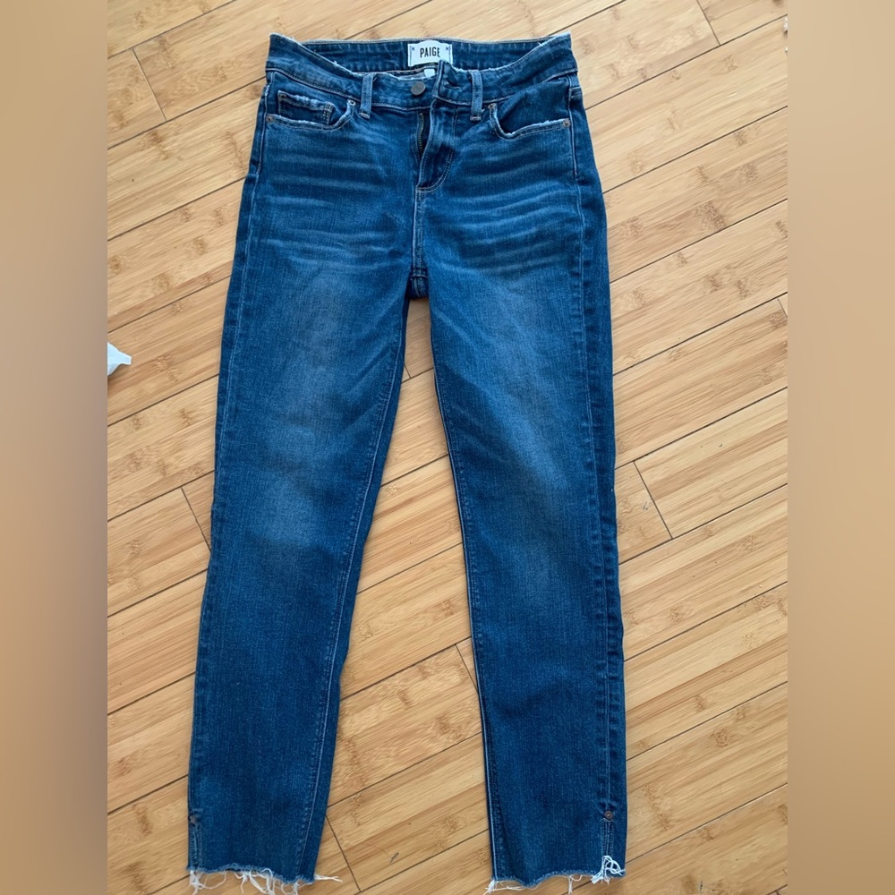 PAIGE Blue Skinny straight jeans frayed cut hem Anthropologie